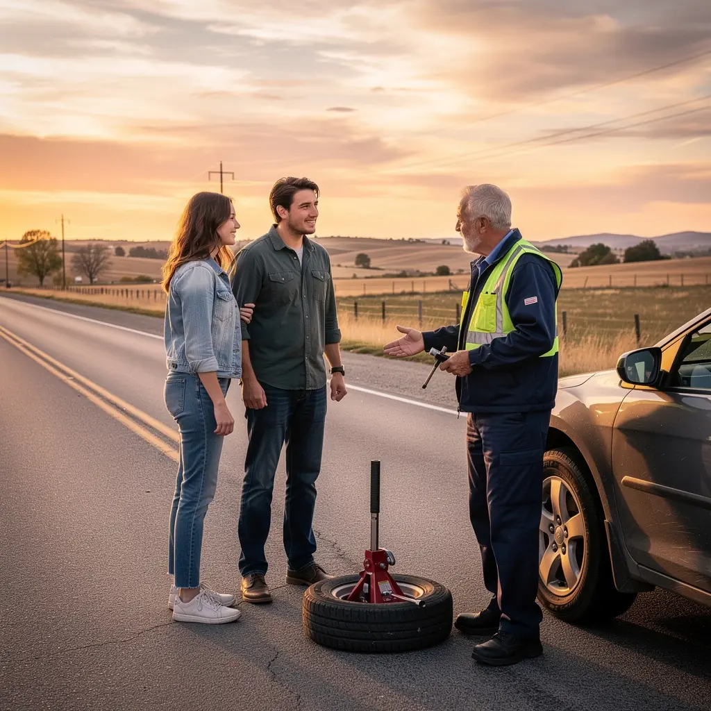Pomoc drogowa udzielana przez pracownika w nocy przy uszkodzonym pojeździe.