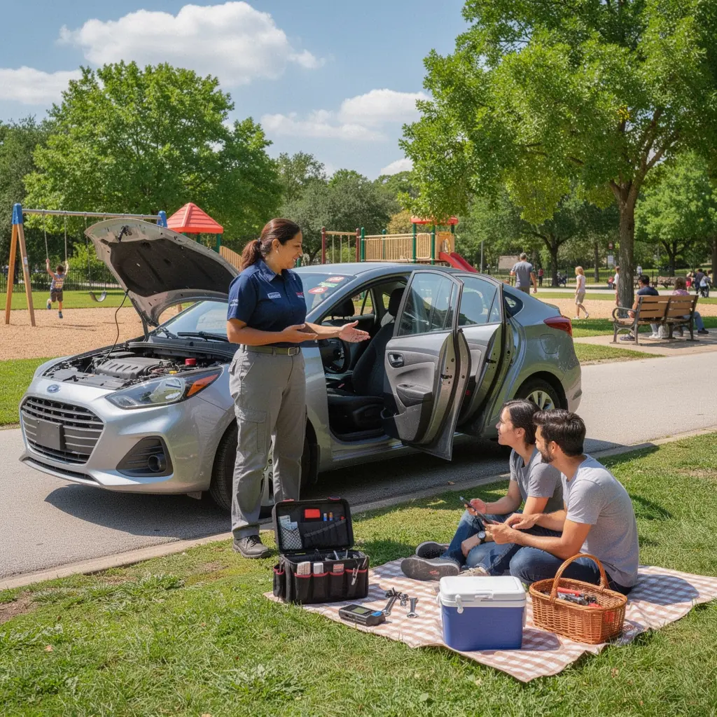Kierowca korzystający z pomocy drogowej w nocy, rozmawiający z pracownikiem wsparcia.