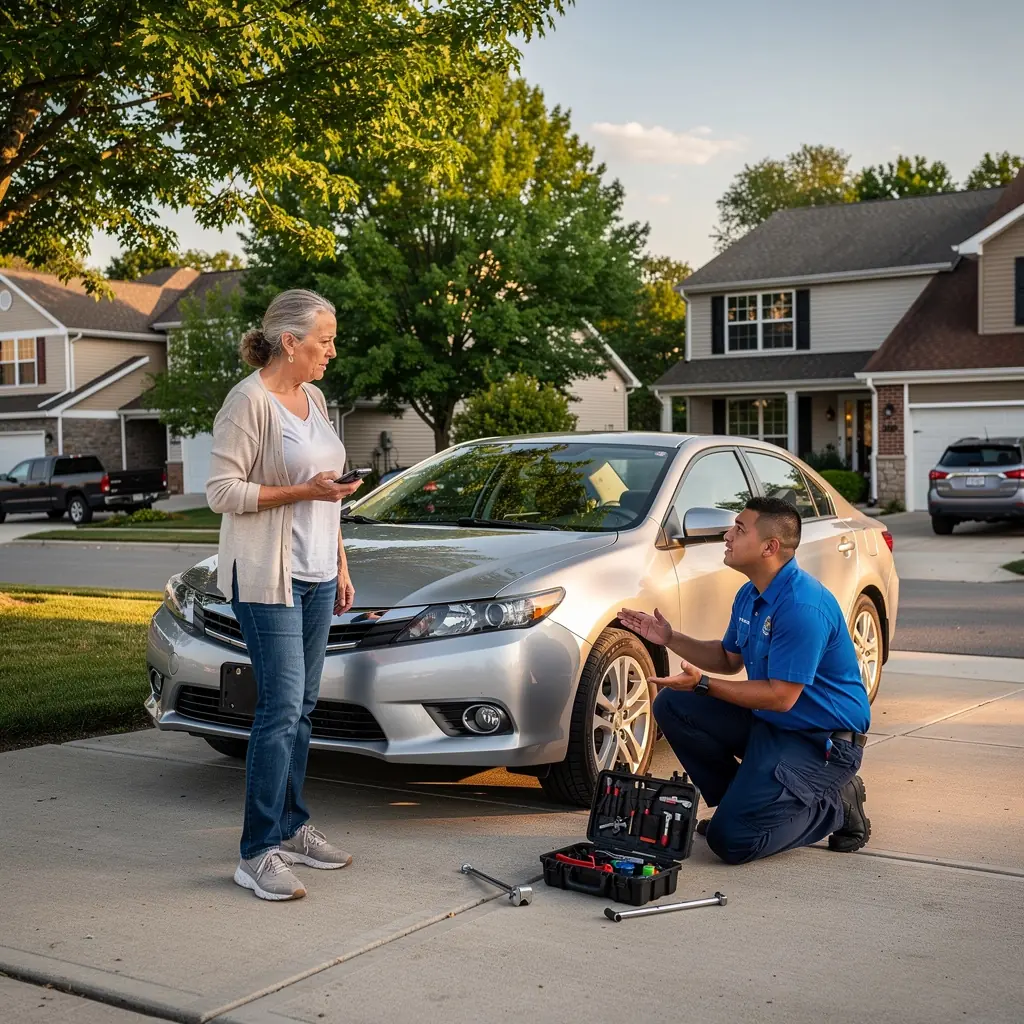 Kierowca korzystający z usług wsparcia drogowego z uśmiechem, trzymający telefon.