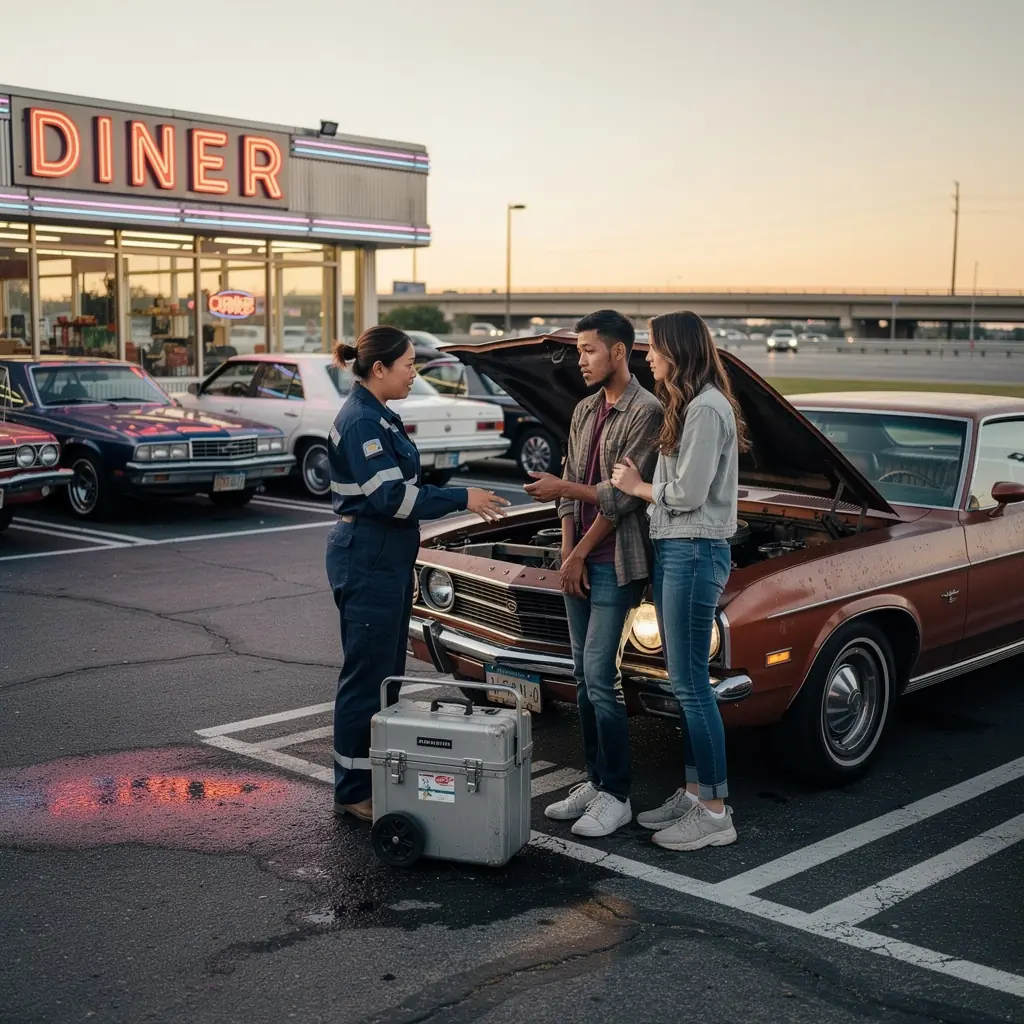 Asystencja drogowa 24/7, przedstawiająca pomoc techniczną udzielaną kierowcy w potrzebie.