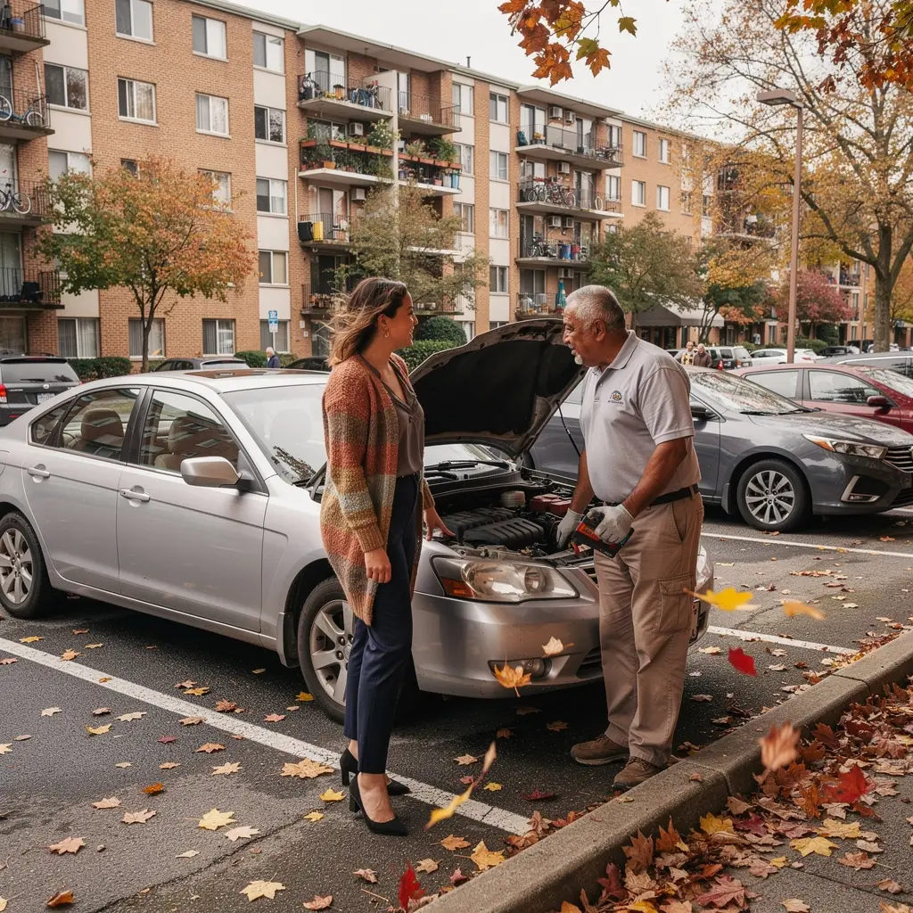 Kierowca korzystający z usług wsparcia drogowego, czekający na pomoc w samochodzie.
