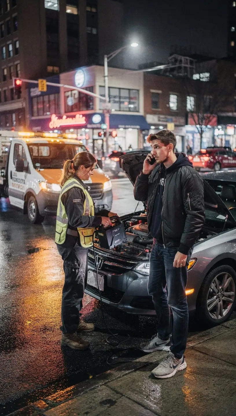 Profesjonalny mechanik naprawiający samochód na poboczu drogi.