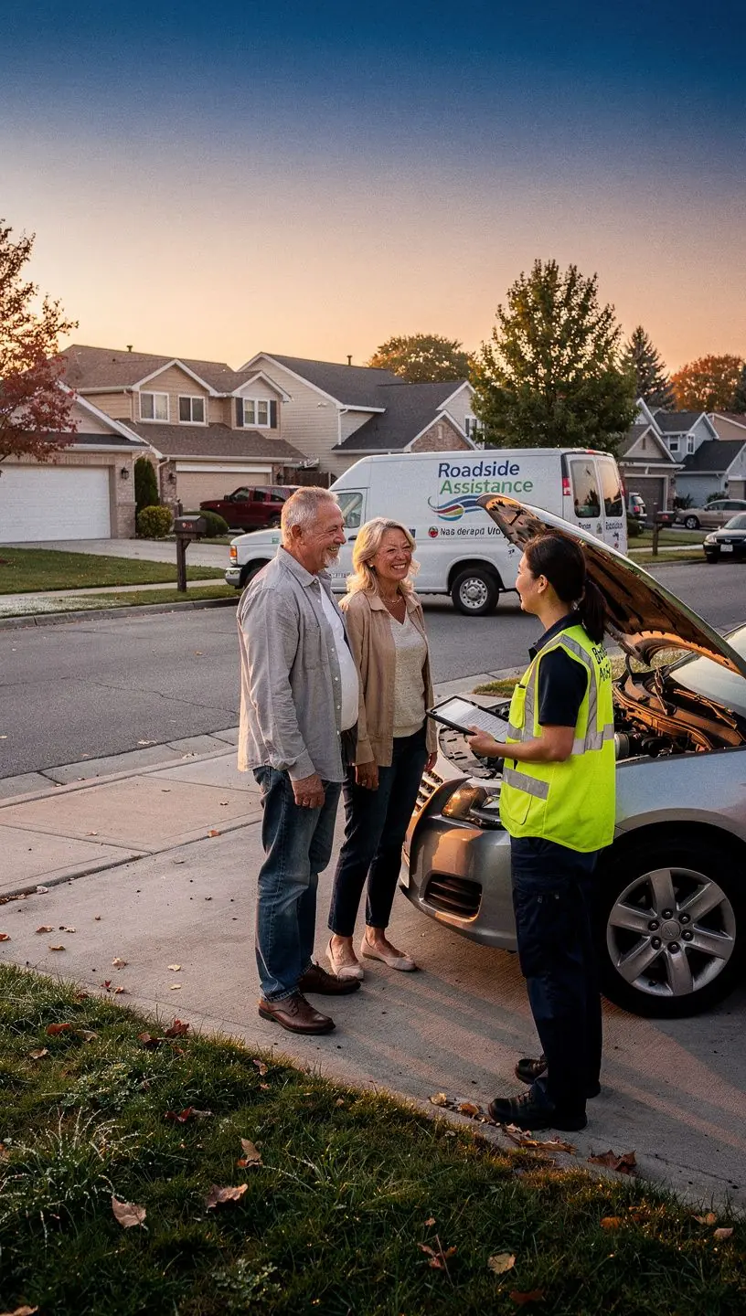 Szczęśliwy kierowca odbierający pomoc drogową w trudnej sytuacji.